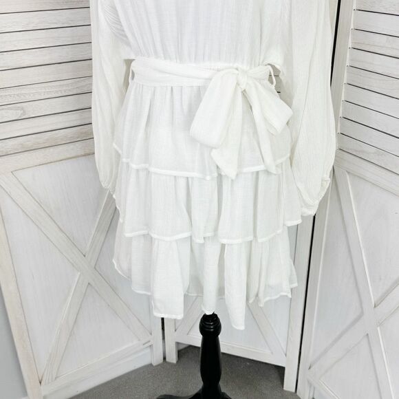 Entro Elizabeth Tiered Ruffle Bubble Sleeve Mini Dress White Medium Boho - Picture 9 of 16